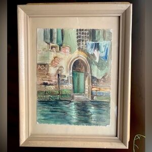 Original Water Color Venice Door Artwork Cream Framed 14” Length
